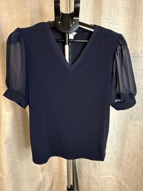Calvin Klein Navy V-Neck Puff Sleeve Blouse